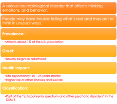<p>-psychotic symptoms, diminished ability to relate to others</p><p>-effects thinking, emotions, and behavior</p>