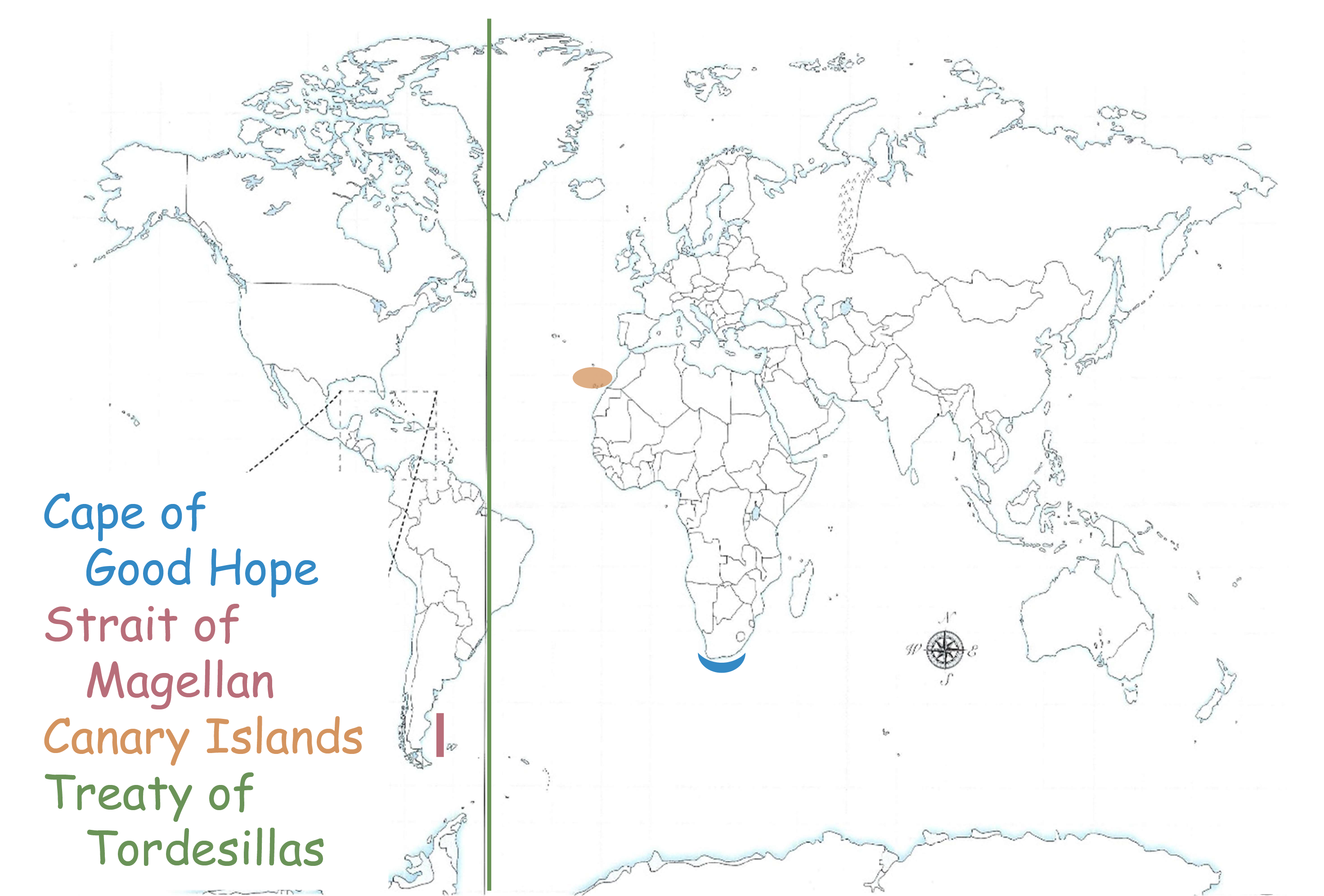 <p><mark data-color="blue" style="background-color: blue; color: inherit;">Cape of Good Hope</mark></p><p><mark data-color="red" style="background-color: red; color: inherit;">Strait of Magellan</mark></p><p><mark data-color="#f3b26c" style="background-color: rgb(243, 178, 108); color: inherit;">Canary </mark><mark data-color="#ebbc59" style="background-color: rgb(235, 188, 89); color: inherit;">Islands</mark></p><p><mark data-color="green" style="background-color: green; color: inherit;">Treaty of Tordesillas</mark></p>