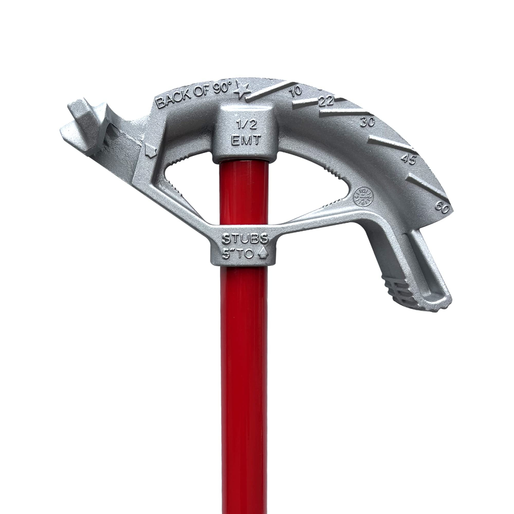 <p>A long-handled tool with a curved metal bending head, used to make accurate 45° and 90° bends in electrical conduit.</p>