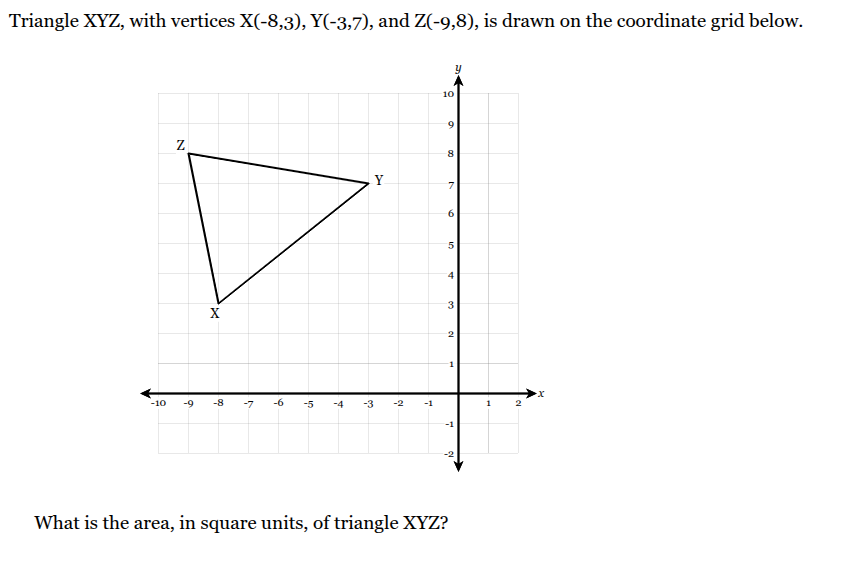 <p>Triangle XYZ, with vertices X(-8,3), Y(-3,7), and Z(-9,8), is drawn on the coordinate grid below.</p>