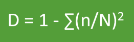 <p>where: </p><p>n = number of individuals of each species </p><p>N = total number of individuals in the area </p><p>and (n/N)² is calculated separately for each species and then added up </p>