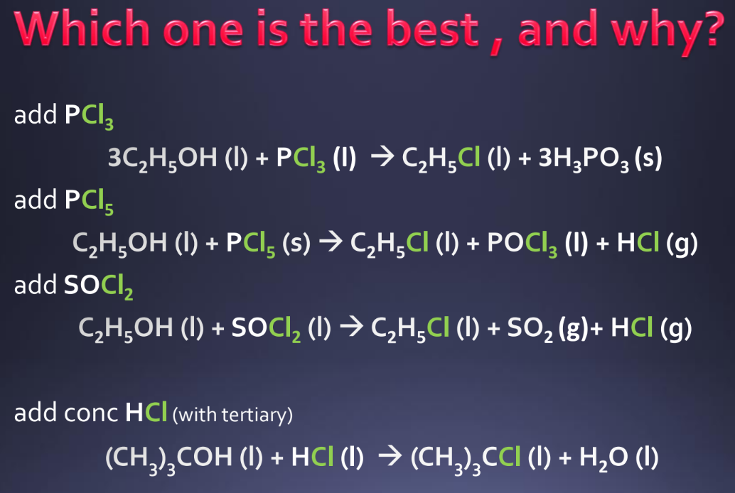 <p>PCl3 + heat, PCl<sub>5</sub> → HCl (steamy white fumes) proves presence of alcohol, HCl → H<sub>2</sub>O, SOCl<sub>2</sub></p>