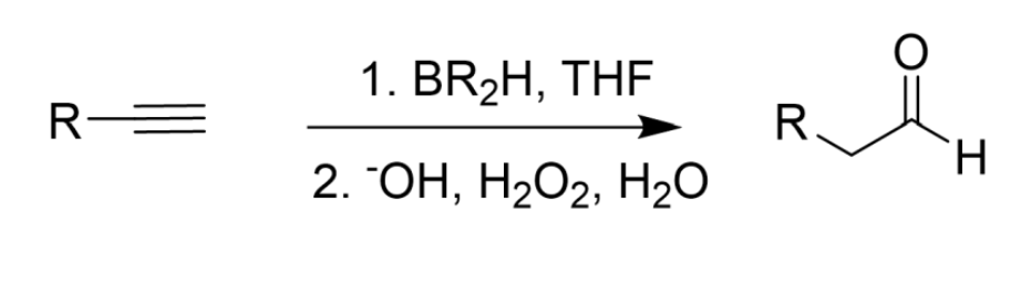 <ul><li><p>Only 2 Borons</p></li><li><p>Similar to Alkene Hydroboration (Less Substituted)</p></li><li><p>Tautomerizes to make an aldehyde</p></li></ul><p></p>