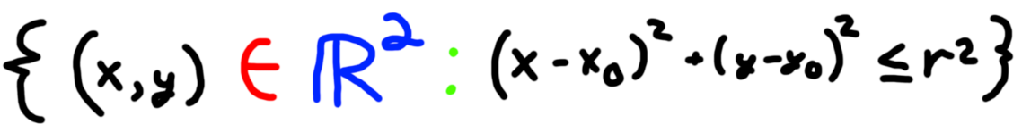 <p>(Set notation example): define ∈, ℝ<sup>2</sup>, :</p>