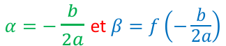<p>Pour déterminer l’abscisse et l’ordonnée à partir d’un trinôme il est nécessaire de connaître cette formule.<br>Le symbole alpha représente x et beta f(x), on a juste à remplacer les termes par les vraies valeurs.<br>Ex : 2𝑥 − 12𝑥 + 1 => b = -12 et a = 2, on les utilise dans la formule et on obtient les points de coordonnées ( x ; f(x) )</p>