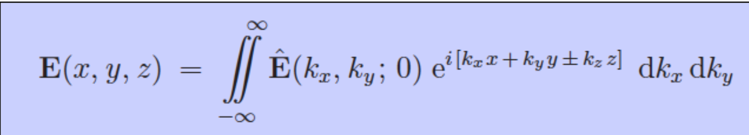 <p>The idea of the angular spectrum is:<br>If I know the E field at a location e.g z=0. I now it everywhere else. It decomposes the field into plane waves at z=0 that all have different directions (kx and ky). The Fourier coefficient Ê is saying how much of each direction is present.<br><br>Monochromatic waves need to satisfy the Helmholtz equation. This will yield the result Ê = Ê(k<sub>x</sub>, k<sub>y</sub>;0)e<sup>+-i*k_z*z</sup>. <br><br>Together they form the final result.<br><br>Remember that kz can be evanescent! That’s why we can’t image arbitrarily fine structures from far away!</p>