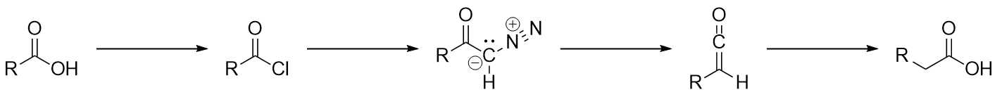 <p>Arndt-Eistert Homologation react sequence</p><p>(extends by 1 carbon)</p>
