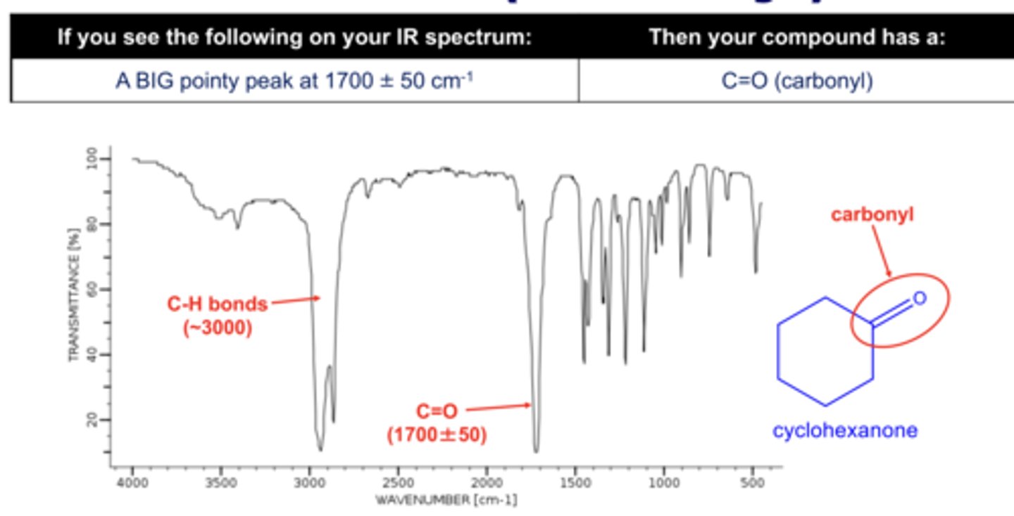 <p>DEFINITION</p><p>carbonyl 1700 ish long peak</p>