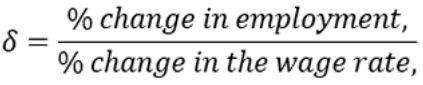 <p>> Measures the extent to which employment changes in response to a change in the wage</p><p>> <span style="background-color: transparent;">If 0 > δ > -1, the elasticity of labour demand is inelastic</span></p><p><span style="background-color: transparent;">> If δ < -1, the elasticity of labour demand is elastic</span></p><p></p>