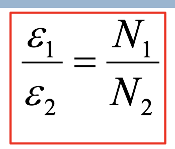 <p>-Since the flux through the coils is the same get: (equation); The “loop ratio” gives the ratio of the EMFs</p><p>-Depending on the loop ratio, a transformer can be used to step-up or step-down a voltage</p><ul><li><p><mark data-color="blue" style="background-color: blue; color: inherit;">If E1 < E2 Step-up transformer</mark> (*increase V=step up)</p></li><li><p><mark data-color="blue" style="background-color: blue; color: inherit;">If E1 > E2 Step-down transformer</mark> (*secondary coil decrease V= step down; ex=phone chargers)</p></li></ul><p></p>