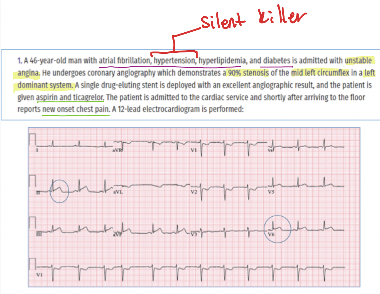 <p>What is the clinical decision logic for a patient with <strong>new chest pain after an 'excellent' angiographic result and DAPT administration</strong>?</p>