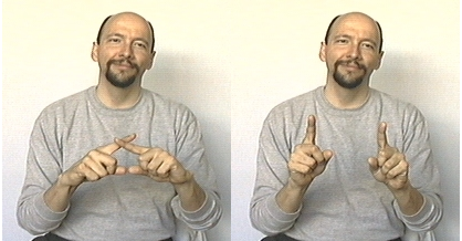 <p>use two pointer fingers make an x by crossing them over one another and then separate them</p>