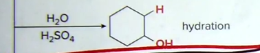 <p>- Acidic Conditions</p><p>-go through carbon cation intermediate </p><p>-creates both sym addition (same face/added from same side) and anti addition (opp. faces added from opposite sides)</p>