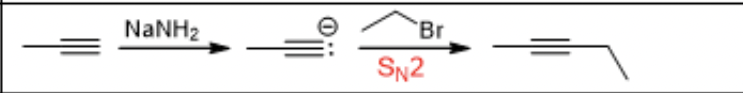 <p>NaNH2 and it will add a carbon cain via SN2</p>