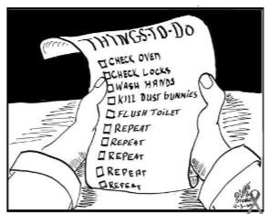 <ul><li><p>Driven to disturbing thoughts (obsessions → unwanted repetitive thoughts) and/or performing senseless rituals (compulsions → repetitive behavior driven by obsession)</p></li><li><p>Ex> germs → only first bumping (no handshaking)</p></li><li><p><span style="color: yellow;"><u>Individual</u></span> recognize behavior is excessive but cannot stop without experiencing anxiety.</p></li></ul><img src="https://assets.knowt.com/user-attachments/d65d9caa-939f-4d5f-a7b6-84853180e9fc.png" data-width="100%" data-align="center" alt=""><p></p>