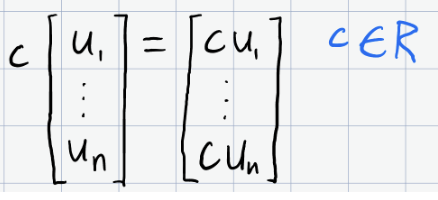 <p>Involves a column vector and a real number ‘c’</p><p>Each entry in the vector is multiplied by c to produce a new vector. </p>