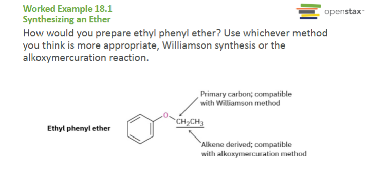 <p>Your choices are:</p><ul><li><p><strong>Williamson Ether Synthesis</strong></p></li><li><p>Alkoxymercuration</p></li></ul><p>When solving synthesis problems</p><p><strong>Step 1</strong></p><p>Find oxygen.</p><p>↓</p><p><strong>Step 2</strong></p><p>Cut the bond.</p><p>↓</p><p><strong>Step 3</strong></p><p>Ask</p><p>Which side should be the alkoxide?</p><p>Which side should be the alkyl halide?</p>