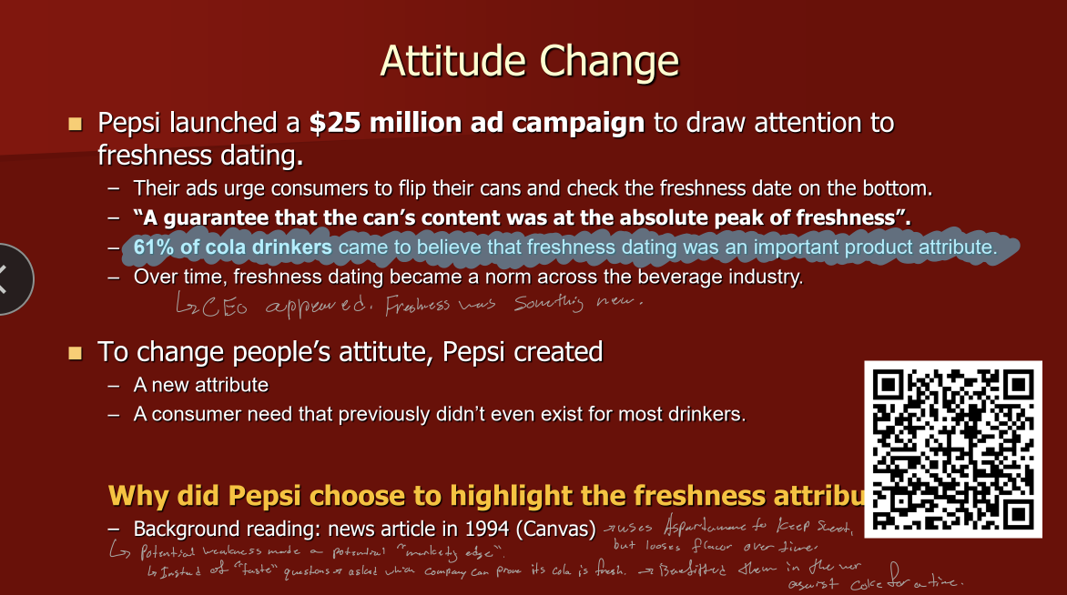 <ul><li><p>Attitude</p><ul><li><p>Learned predisposition to respond to an object (a product) in a consistently favorable or unfavorable way</p></li><li><p>How someone feels about it</p></li></ul></li><li><p>Beliefs</p><ul><li><p>Perception of how a product or brand performs on different attributes</p></li><li><p>How someone thinks</p></li></ul></li><li><p>Beliefs vs. attitude</p><ul><li><p>Attitude is how someone feels about a brand/product, while a belief is what someone thinks (can be subjective)</p></li><li><p>Consumers often develop beliefs through learning</p></li><li><p>Attitudes are shaped by values and beliefs</p></li></ul></li><li><p>Attitude change</p><ul><li><p>Change beliefs about how a brand performs on certain attributes</p></li><li><p>Change perceived importance/value of attributes</p></li><li><p>Add new attributes</p></li></ul></li></ul><p>___________________________________________________________</p><ul><li><p>Pepsi launched a $25 million ad campaign to draw attention to freshness dating.</p><ul><li><p>Their ads urge consumers to flip their cans and check the freshness date on the bottom.</p></li><li><p>“A guarantee that the can’s content was at the absolute peak of freshness”.</p></li><li><p>61% of cola drinkers came to believe that freshness dating was an important product attribute.</p><ul><li><p>Over time, freshness dating became a norm across the beverage industry.</p></li></ul></li></ul></li><li><p>To change people’s attitude, Pepsi created</p><ul><li><p>A new attribute</p></li><li><p>A consumer need that previously didn’t even exist for most drinkers.</p></li></ul></li></ul><p></p>