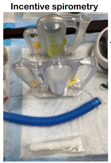 <ul><li><p>Inform pt of lung volume goal (moving yellow tab up/down the spirometer)</p><p></p></li><li><p>Instruct pt to exhale completely, then inhale slowly until the lung volume is met</p><p></p></li><li><p>Ask pt to repeat goal every so often (e.g. during commercial breaks when watching TV)</p></li></ul><p></p>