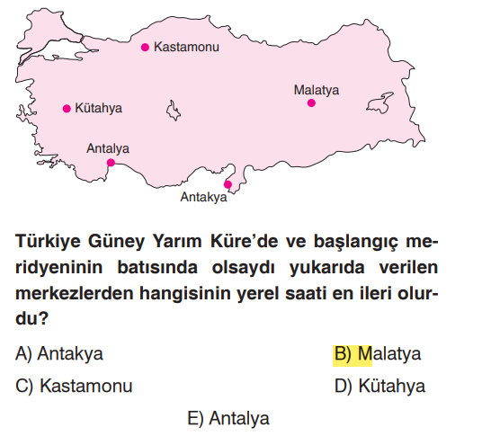 <p>Yerel saat her zaman en <strong>doğuda</strong> ileridir. Türkiye ister doğu ister batı yarım kürede olsun, haritadaki konumuna göre en doğuda olan merkezin saati daima en ileridir. Verilenler arasında en doğudaki Malatya'dır.</p>