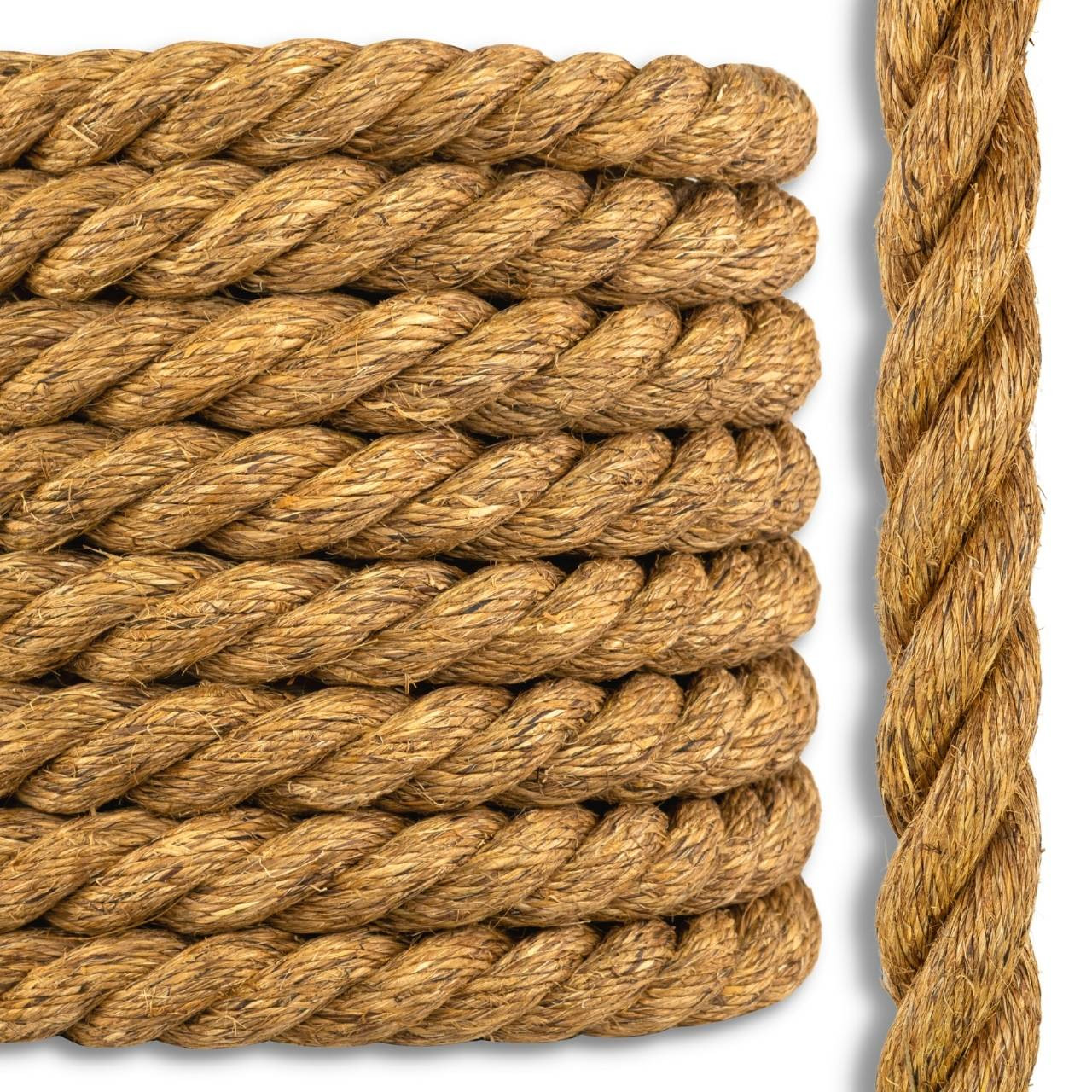 <p>Twisted natural fiber rope made in three or four strands, stronger than cotton but weaker than synthetic ropes for general use.</p>