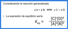 <p>🔹Es un valor numérico que nos indica la proporción de reactivos (⚗️) y productos () en una reacción química cuando alcanza el equilibrio ⚖️.</p><p>📌 Fórmula general (para una reacción: </p><p>aA + bB ⇌ cC + dD </p><p>🔺 [ ]: Concentración en equilibrio (mol/L)</p><p>🔢 Exponentes: Coeficientes estequiométricos de la reacción balanceada</p><p>📚 Tipos de constante de equilibrio</p><p>Kc : Usa concentraciones (para sistemas en solución o gases).</p><p>Kp 🎈: Usa presiones parciales (solo para gases).</p>