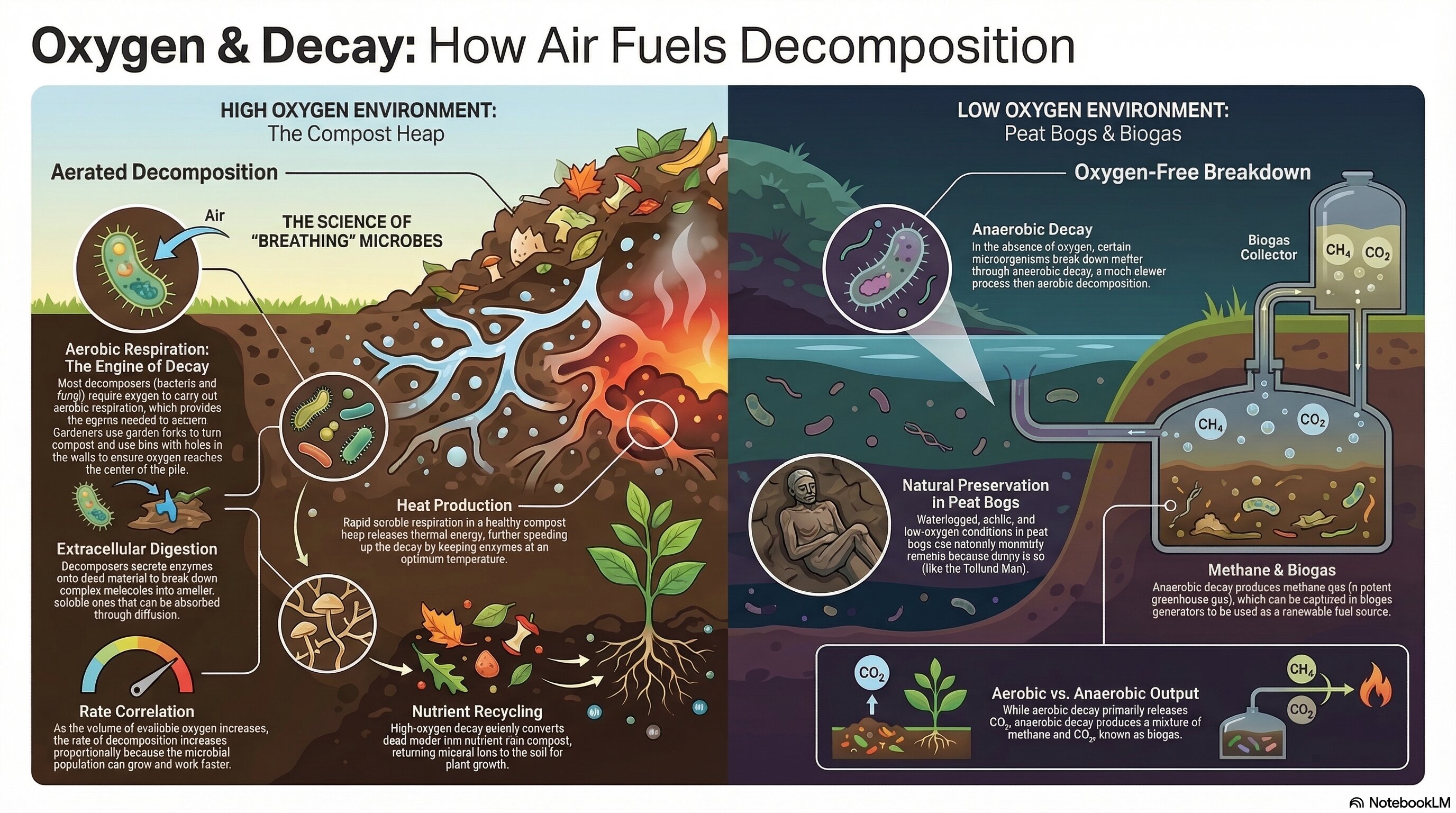 <p>Describe how availability of oxygen affects the rate of decay of biological material.</p>