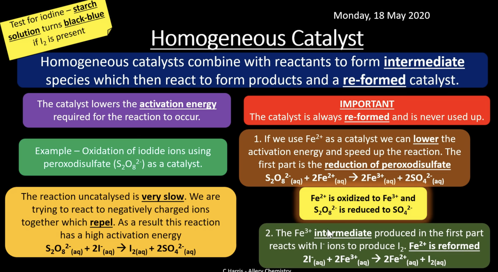 <p>the original reaction is very slow because it involves 2 negative ions reacting and they repel, so  <span>Fe<sup>2+</sup> is used as a homogenous catalyst to react peroxodisulphate S<sub>2</sub>​O<sub>8</sub><sup>2- </sup>and iodide ions. Fe<sup>2+</sup>  is oxidised to Fe<sup>3+</sup>, which is the intermediate formed and </span>S<sub>2</sub>​O<sub>8</sub><sup>2- </sup>is reduced to SO<sub>4</sub><sup>2-</sup></p><p><span>Fe<sup>3+</sup> then reacts with iodine ions in the second step to reform the catalyst</span></p>