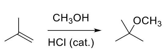 <p><strong>Reagent: CH<sub>3</sub>OH / HCl (cat.)</strong></p><p><strong>Alkene must be able to form carbocation</strong></p><p><strong>Alcohol must be small to be good nucleophile</strong></p><p>Mechanism: pi bond acts as Nuc, attacks H in CH<sub>3</sub>OH<sub>2</sub><sup>+ </sup>to make carbocation on more substituted side. CH<sub>3</sub>OH attacks carbocation, another CH<sub>3</sub>OH grabs extra H to form ether.</p><p><strong>End Goal: Add alcohol to alkene on more substituted side of double bond to make ether.</strong></p>