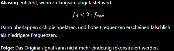 <p>Der Aliasing-Effekt tritt auf, wenn ein Signal mit einer Frequenz abgetastet wird, die nicht hoch genug ist, um alle enthaltenen Frequenzen korrekt zu erfassen. Dies führt zu Verzerrungen und falschen Darstellungen des ursprünglichen Signals. </p>