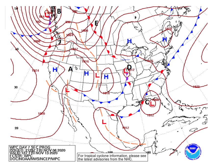 <p>How will winds blow at the high-pressure systems near A?</p>