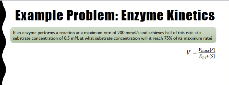 <p>v = (Vmax [S]) / (Km + [S])</p><p>v     = reaction rate</p><p>Vmax  = max rate (enzyme saturated)</p><p>[S]   = substrate concentration</p><p>Km    = [S] at 1/2 Vmax (affinity indicator)</p><p>Low Km = high affinity</p><p>High Km = low affinity</p>