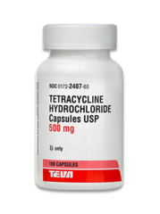 <p>tetracycline</p><p>cap: 250, 500mg Q6h</p><p>photosens, cations, CI children 8yo and younger</p>