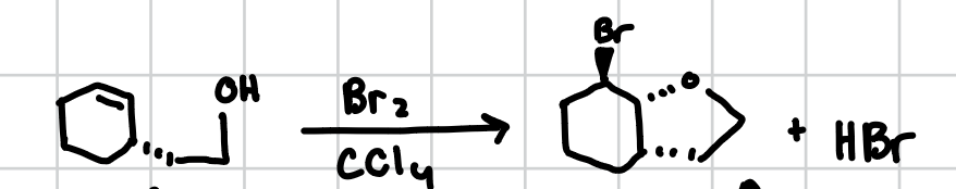 <p>Can occur when there is a detached alcohol group that can attach one side of an alkene while the halogen attaches to the other in a trans fashion. </p><p>Reagents: X2, CCl4 </p>