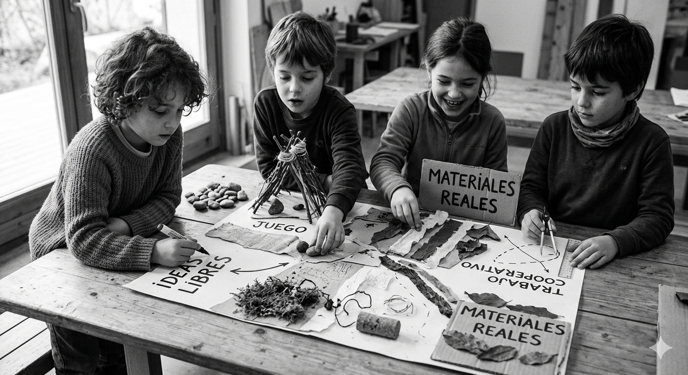 <p>Utiliza materiales reales, textos libres, juegos y trabajo cooperativo.</p>