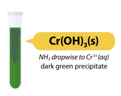 <ul><li><p>Cr3+ (aq) + 3OH- (aq) → Cr(OH)3 (s)</p></li><li><p>Pale purple solution → Dark green ppt</p></li><li><p>Is soluble in excess NaOH:</p></li><li><p>Cr(OH)3 (s) + 3OH- → [Cr(OH)6]3- (aq) → produces a dark green solution</p></li></ul><p></p>