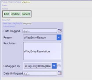 <p>Given the following popup, an insurance company wants to display the Unflagged By and Date Unflagged fields only if the following condition is true:<br><code>not aFlagEntry.IsOpen</code><br><em>(see image)</em><br>To avoid duplicating the condition, the developer wants to group the Unflagged By and Date Unflagged fields together and set the visible condition on the container level.<br>Which element could be used in the FlagEntryDV to meet this requirement?</p>