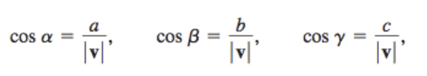 <p>cos alpha = Fx/F </p><p>cos beta = Fy/F </p><p>cos gamma = Fz/F </p>