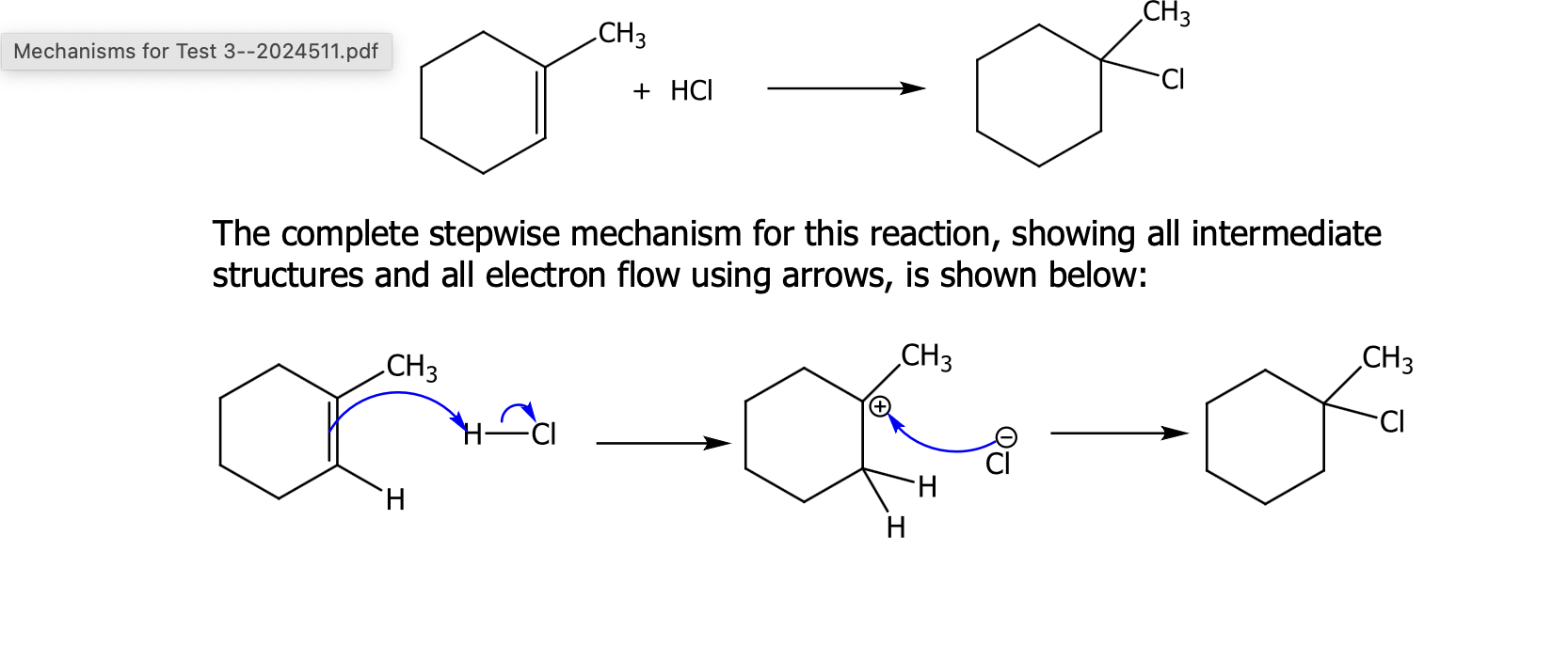 <p><span>Example: When methylcyclohexene reacts with HCl, 1-chloro-1-methylcyclohexane</span><br><span>is formed</span></p>