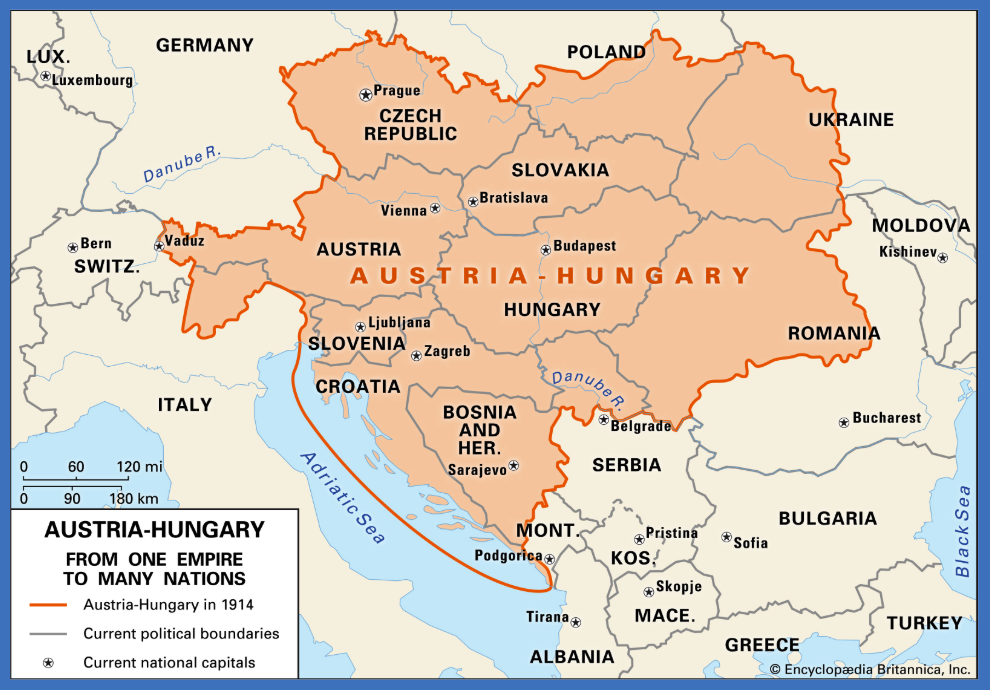 <ul><li><p><span style="background-color: transparent;">Encompassed a multitude of different ethnic and language groups</span></p><ul><li><p>encompassed ethnic/language groups such as Czechs, Slovaks, Hungarians, Romanians, Bulgarians, &amp; Slavs</p></li><li><p>state that contains many nations</p></li></ul></li></ul><ul><li><p><span style="background-color: transparent;">Ruled by <strong>Franz Joseph</strong>, with&nbsp;his nephew, Archduke <strong>Franz Ferdinand</strong> as the heir to the throne</span></p></li><li><p><span style="background-color: transparent;">Run by the <strong>Hapsburg family</strong></span></p><ul><li><p><span style="background-color: transparent;">perhaps the most powerful family in the world at the time.</span></p></li></ul></li></ul><p></p>