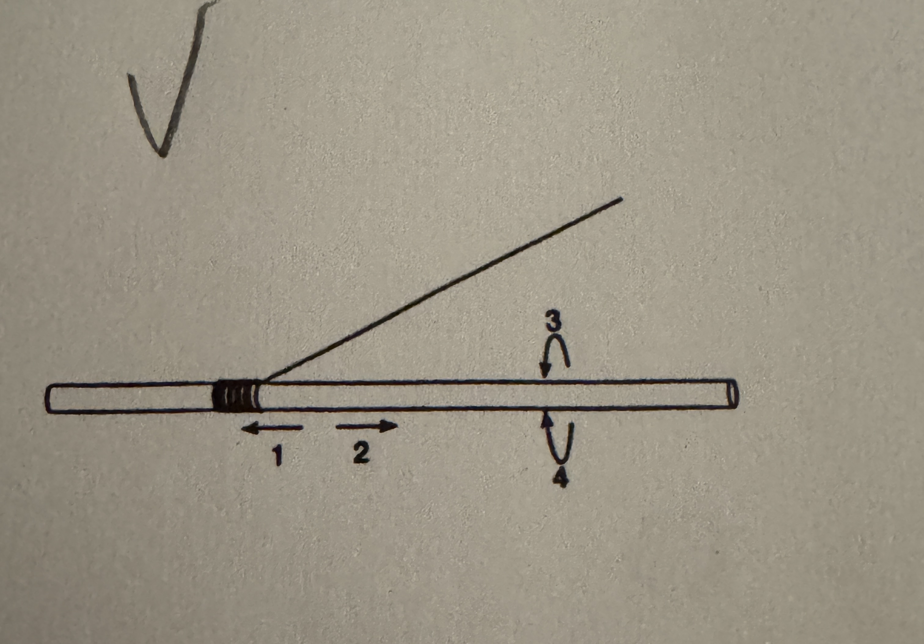 <p>In order to wind the safety rope around the bar from left to the right, the bar will need to move in which of the following directions indicated by the arrows</p><p>A) 1 and 3</p><p>B) 1 and 4</p><p>C) 2 and 4</p>