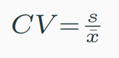 <p>also called <strong>relative standard deviation (RSD)</strong>—is a unitless, standardized measure of how spread out data points are around the mean. Is unstable when mean = 0. </p>
