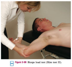 <p>Resist elbow flexion at 120° abduction/max ER; checks superior labrum (SLAP) integrity.</p>