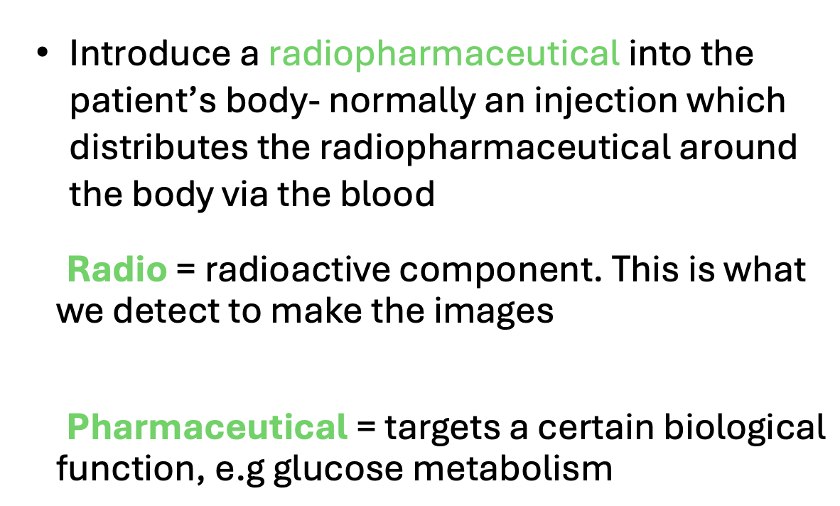 <p>radiation is introduced in to the patient’s body</p>