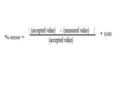 <p>|accepted value-measured value| / accepted value x100</p><p>Where the "accepted value" is usually determined by a model/equation and the "measured value" is from a real experiment/measurement.</p>