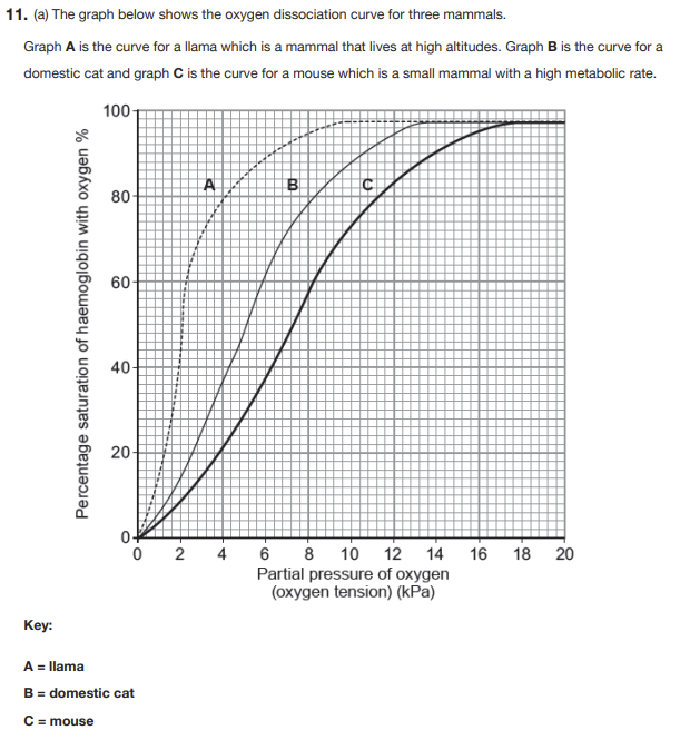<p>(b) State which of the three curves represents the haemoglobin with the lowest affinity for oxygen at 3.0kPa. (1 mark)</p>