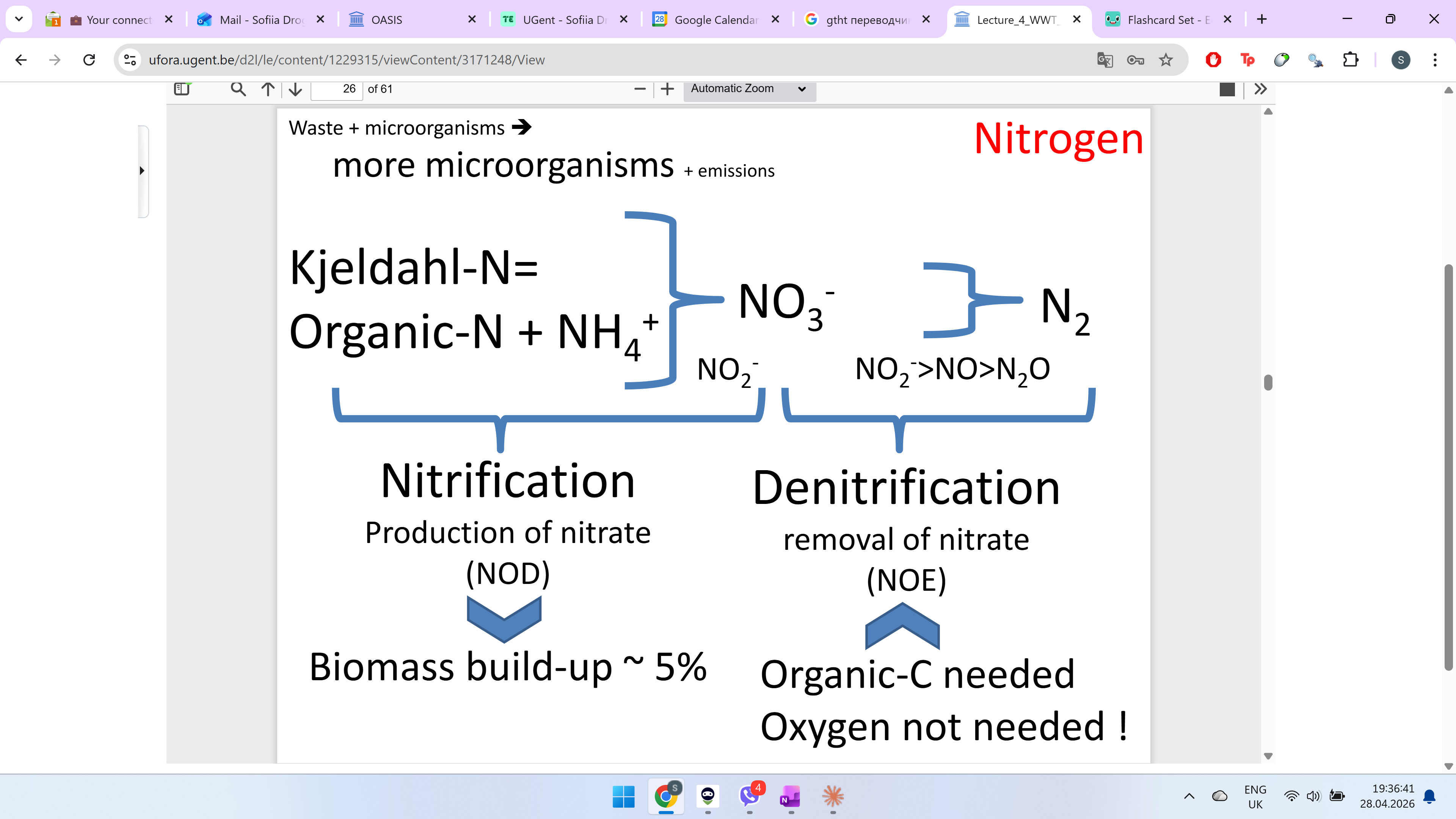 <p>Too much nitrogen in water causes <strong>algae blooms</strong> → kills fish → pollutes rivers. Needs to be removed</p><p></p><p><strong>Step 1: NITRIFICATION </strong></p><p class="font-claude-response-body break-words whitespace-normal leading-[1.7]">An aerobic process where ammonium <strong>(NH₄⁺)</strong> is first converted to <strong>nitrite (NO₂⁻)</strong>, then to <strong>nitrate (NO₃⁻) </strong>by bacteria. It consumes oxygen, which is expressed as <strong>NOD (Nitrogenous Oxygen Demand)</strong> — the amount of oxygen required to nitrify the ammonium present in the wastewater.</p><p class="font-claude-response-body break-words whitespace-normal leading-[1.7]"><strong><em>5% of new biomass is created</em></strong></p><p class="font-claude-response-body break-words whitespace-normal leading-[1.7]"></p><p class="font-claude-response-body break-words whitespace-normal leading-[1.7]"><strong>Step 2: DENITRIFICATION </strong></p><p class="font-claude-response-body break-words whitespace-normal leading-[1.7]"><strong>Removing nitrate (NO₃⁻) by converting it into harmless nitrogen gas (N₂)</strong></p><ul><li><p><strong>Anaerobic process</strong> — oxygen not needed</p></li><li><p>Nitrate goes through intermediates: NO₂⁻ → NO → N₂O → <strong>N₂</strong> (released into atmosphere)</p></li><li><p>Requires <strong>organic carbon</strong> as energy source for bacteria</p></li><li><p>Called <strong>NOE (Nitrogen Oxygen Equivalent)</strong> — represents the oxygen "saved" by using nitrate instead of O₂</p></li></ul><p></p>