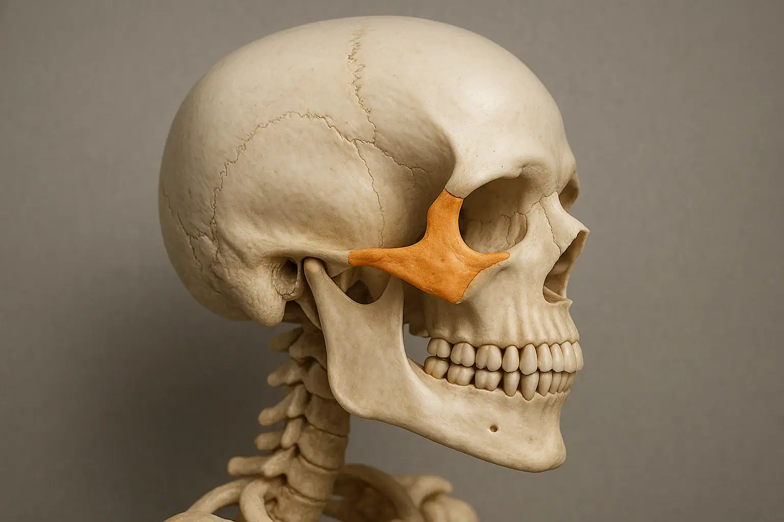 <p>bone of the cheekbones </p><ul><li><p>Landmarks: Zygomatic process (Zygomatic arch - pointy part of the cheekbone)</p></li></ul><p></p>