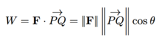 <p><span style="background-color: transparent; font-size: 1.6rem;">When a constant force is applied to an object so that the object moves in a straight line from point&nbsp;</span><em>P</em><span style="background-color: transparent; font-size: 1.6rem;">&nbsp;to point&nbsp;</span><em>Q</em><span style="background-color: transparent; font-size: 1.6rem;">, the work&nbsp;</span><em>W</em><span style="background-color: transparent; font-size: 1.6rem;">&nbsp;done by the force&nbsp;</span><strong>F is</strong><span style="background-color: transparent; font-size: 1.6rem;">&nbsp;equal to the product of the force's magnitude and the distance traveled.</span> Generally thought of as the amount of energy it takes to move an object; if we represent an applied force by a vector <strong>F</strong> and the displacement of an object by a vector <strong>s</strong>, then the work done by the force is the dot product of <strong>F</strong> and <strong>s</strong>.</p>