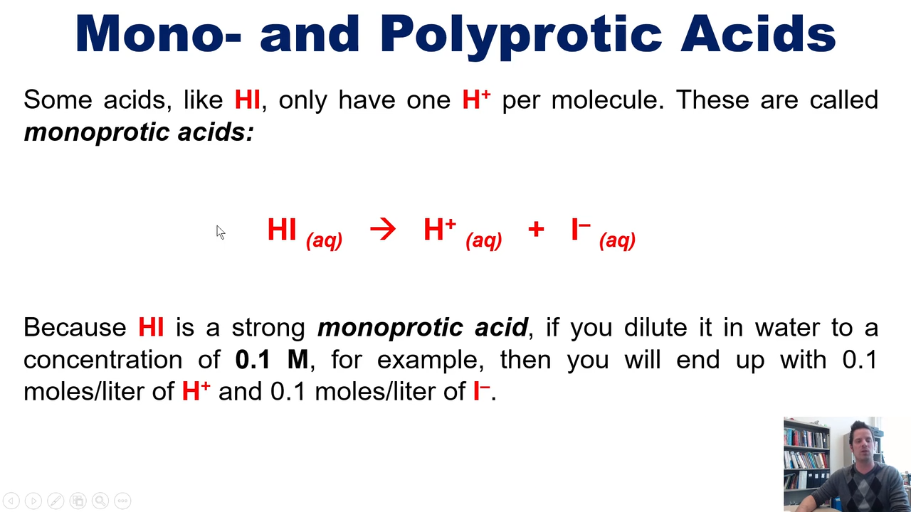<p>completley dissacociates in water,</p><p></p><p>resulting in 0.1 mols of H+ and 0.1 mols of conjugate base if acid has a concentration of 0.1</p>